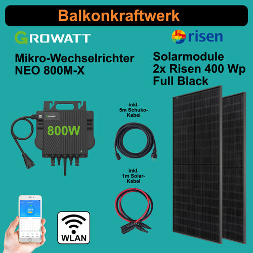 Balkonkraftwerk Growatt Mikro-Wechselrichter + 2x Solarmodule 400Wp Full Black