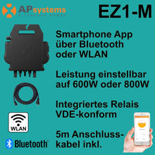 Micro-Wechselrichter 800W APsystem EZ1-M mit WLAN und Bluetooth inkl. 5m Schuko-Kabel
